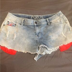 Rue21 Women's Distressed Jean Shorts - Blue with Red Accents